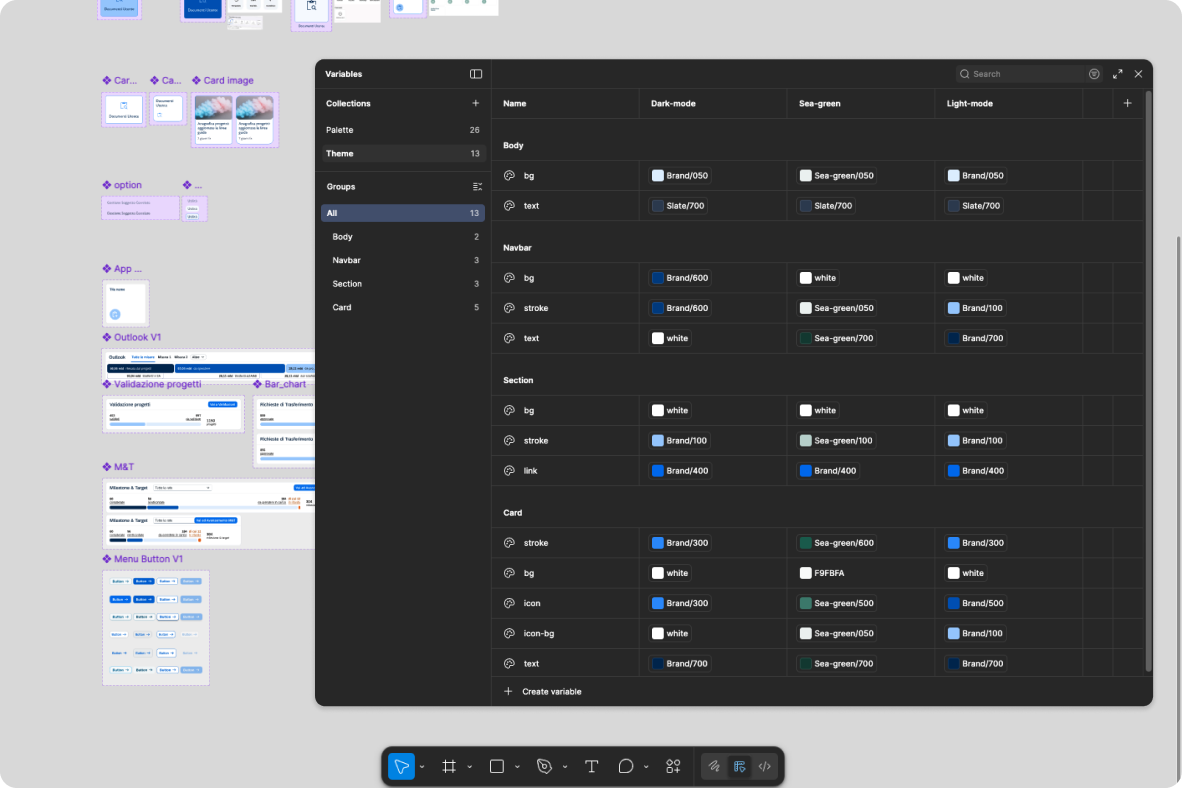 Figma variables and modes used in project.